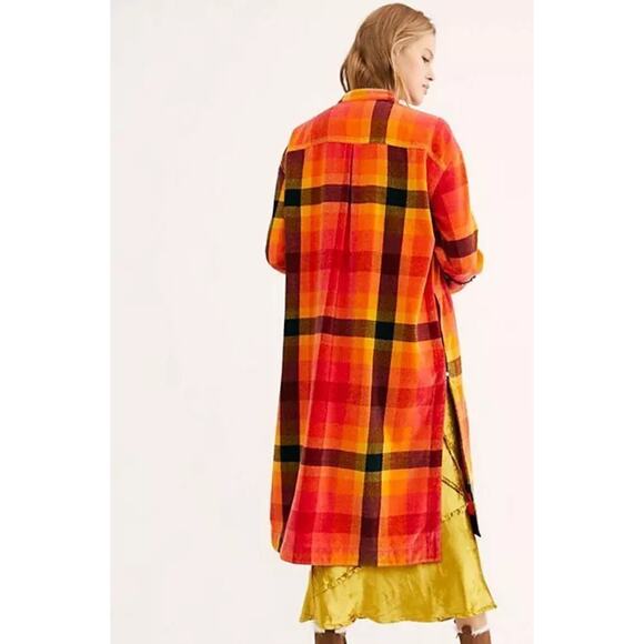 Free People Size XS Ashima Chenille Plaid Duster Maxi Jacket Orange Fall Boho - Picture 3 of 13